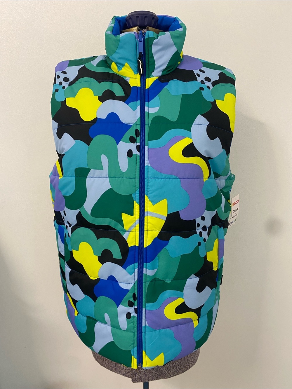 Green blue abstract, reversible, puffer vest